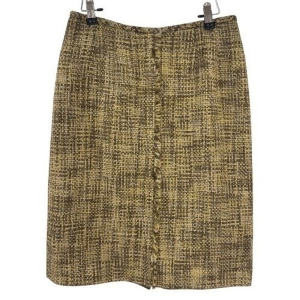 Kasper Petite Wool Blend Tweed Fringe Pencil Skirt‎ Olive Tan Size 6P Old Money